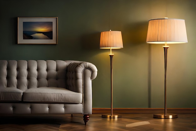una sala de estar con sofá y lámparas en la pared.