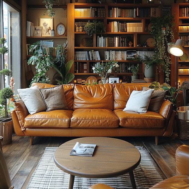 Foto una sala de estar con un sofá y un libro en la mesa