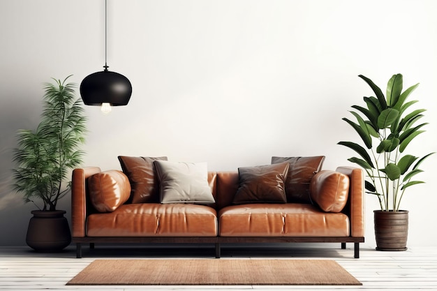 Una sala de estar con un sofá marrón y una planta en la esquina.