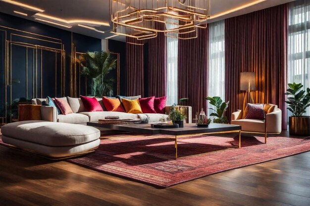 una sala de estar con un sofá una mesa y una alfombra con una alfombra en ella