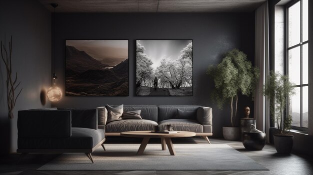 Una sala de estar con un sofá y una mesa de café con una foto de una pareja.