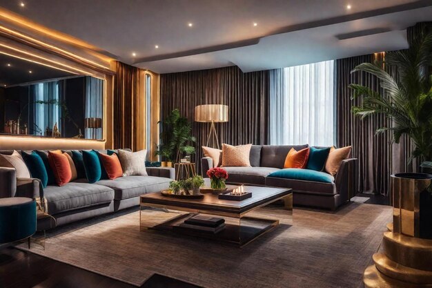 una sala de estar con un sofá, una mesa de café y un gran espejo