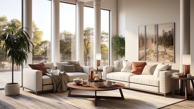 una sala de estar con un sofá, una mesa de café y una gran ventana