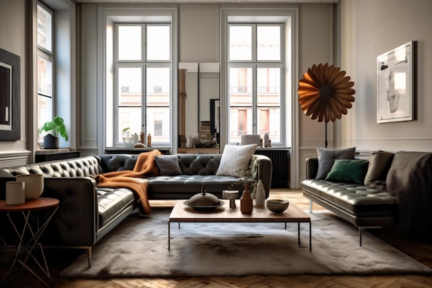 Una sala de estar con un sofá una mesa de café y una gran ventana