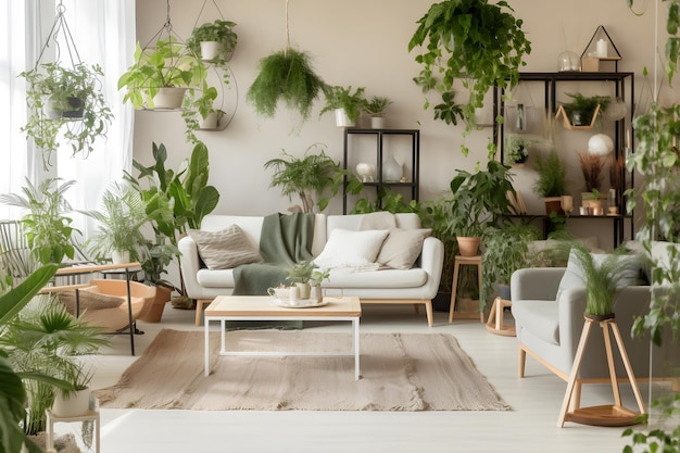 Una sala de estar con un sofá, una mesa de café y una jardinera con plantas colgando del techo.