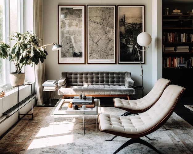 Una sala de estar con un sofá, una mesa de café y un mapa en la pared.