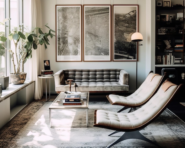 Una sala de estar con un sofá y una mesa de café con una planta encima
