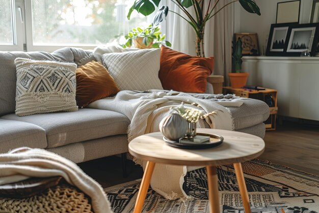 Una sala de estar con un sofá, una mesa de café y una planta en maceta