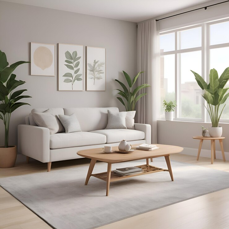 una sala de estar con un sofá, una mesa de café y plantas de diseño de fondo