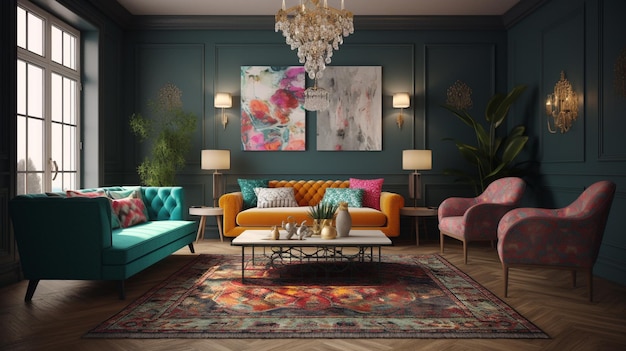 Una sala de estar con un sofá y una mesa de café con un sofá colorido.
