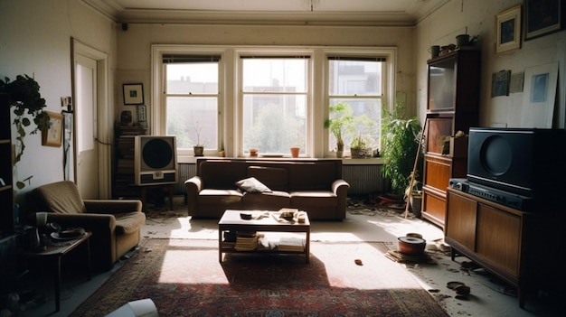 Una sala de estar con un sofá, una mesa de café y una televisión.