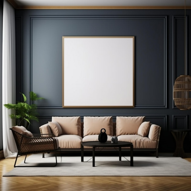 una sala de estar con un sofá, una mesa y un cuadro en la pared.