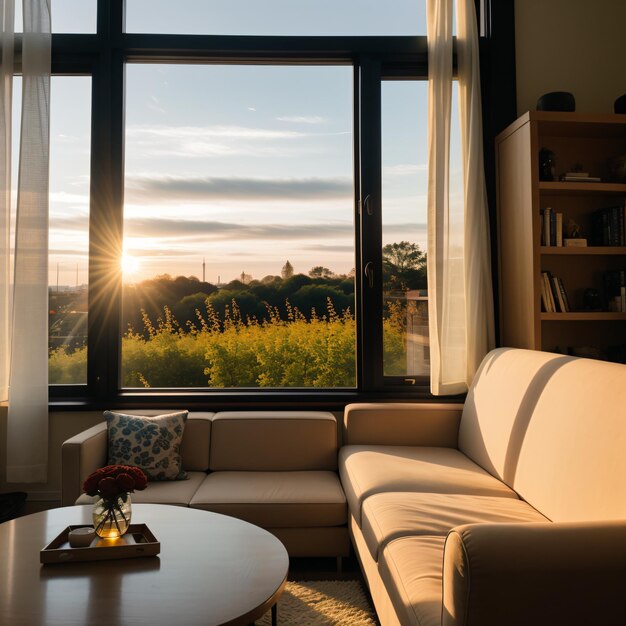 Foto una sala de estar con un sofá y una mesa con flores en ella