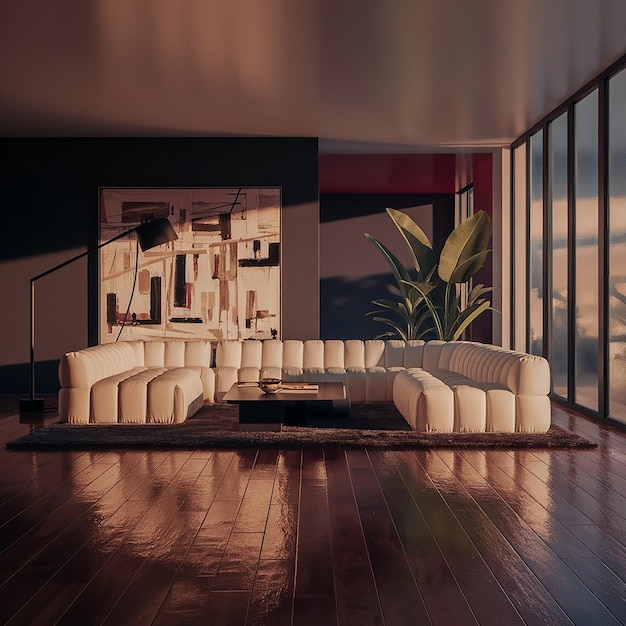 una sala de estar con un sofá una mesa y una gran pintura en la pared