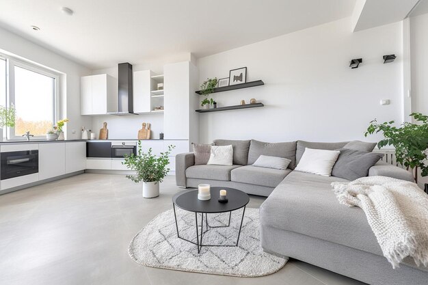 Foto una sala de estar con un sofá y una mesa con una planta en ella