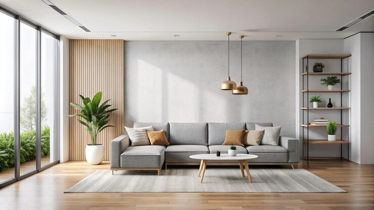 una sala de estar con un sofá y una mesa con una planta en la esquina