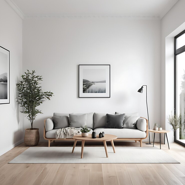 Una sala de estar con un sofá y una mesa con plantas en ella