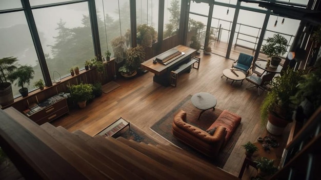 Una sala de estar con un sofá y una mesa con plantas.