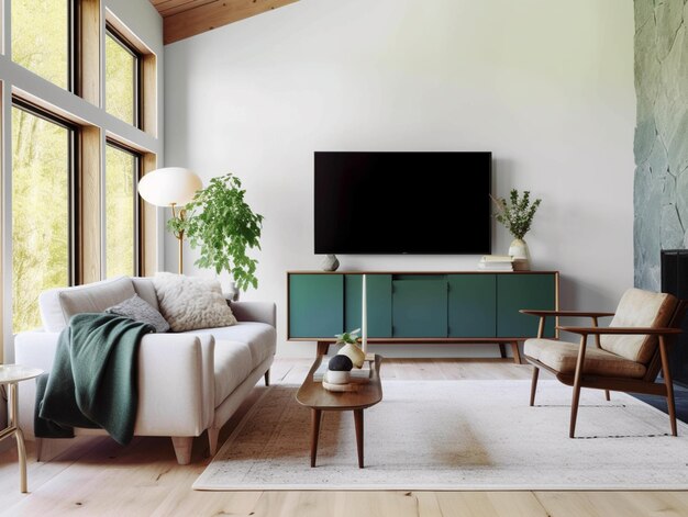 Una sala de estar con un sofá, una mesa y un televisor en la pared.