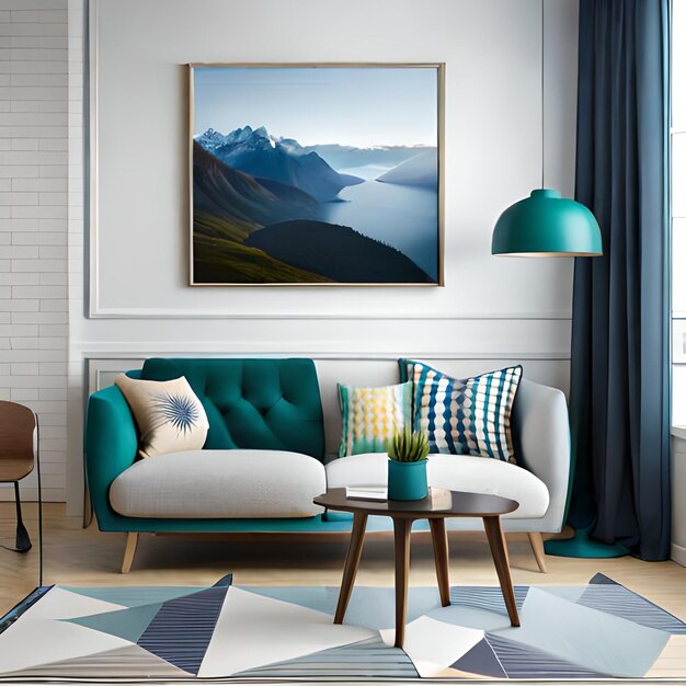 Una sala de estar con un sofá y una mesa con vista a las montañas.