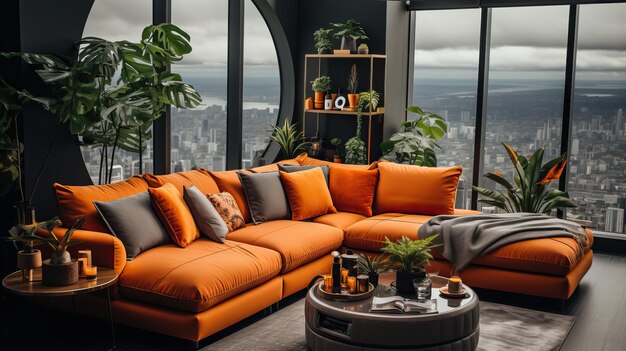 una sala de estar con sofá naranja y plantas