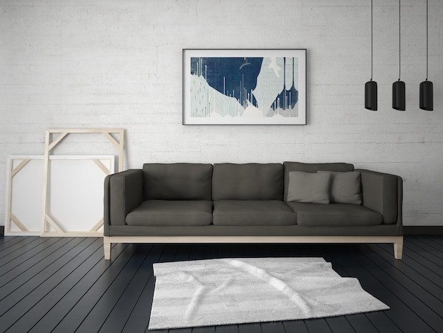 una sala de estar con un sofá y una pintura en la pared