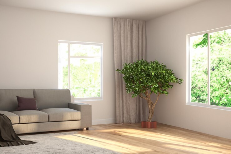 una sala de estar con un sofá y una planta en ella
