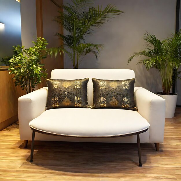 una sala de estar con un sofá y una planta en la esquina