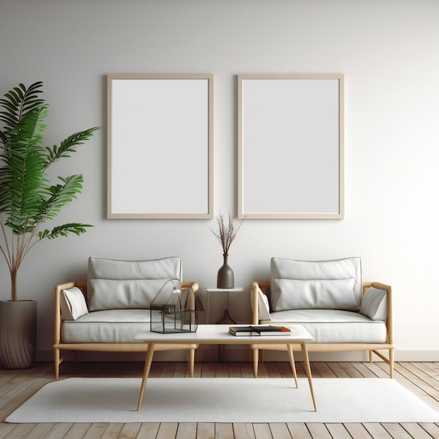 Una sala de estar con un sofá y una planta en la pared