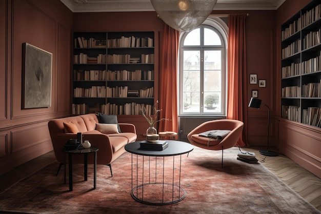 Una sala de estar con un sofá rojo y una mesa de centro redonda.