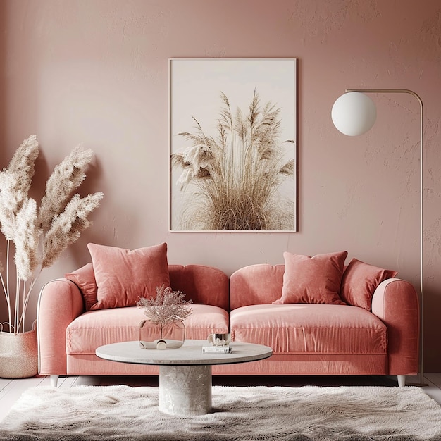 una sala de estar con un sofá rosa y una lámpara