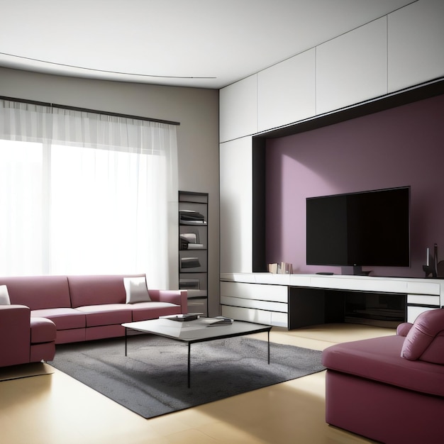 Una sala de estar con un sofá rosa y una mesa de café.