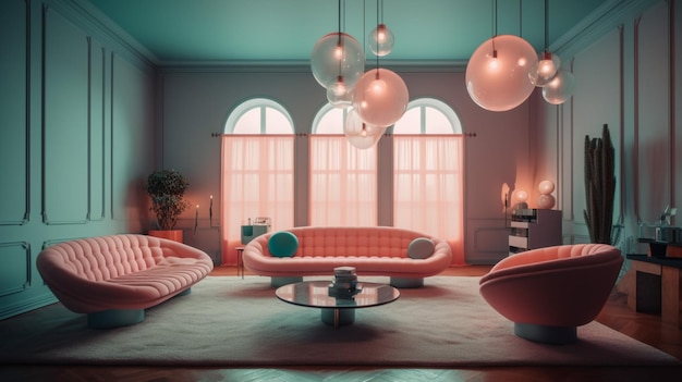 Una sala de estar con un sofá rosa y una mesa de centro con una mesa de centro de cristal.