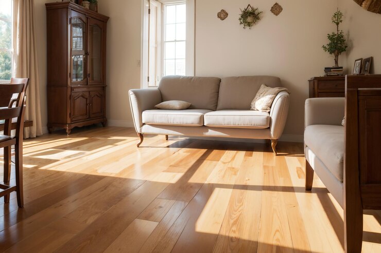 una sala de estar con un sofá y una silla con un piso de madera
