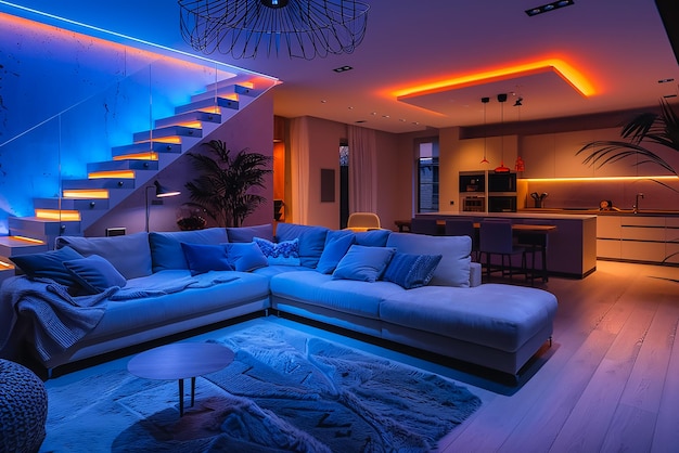 una sala de estar con un sofá y un sofá con una luz azul en el techo
