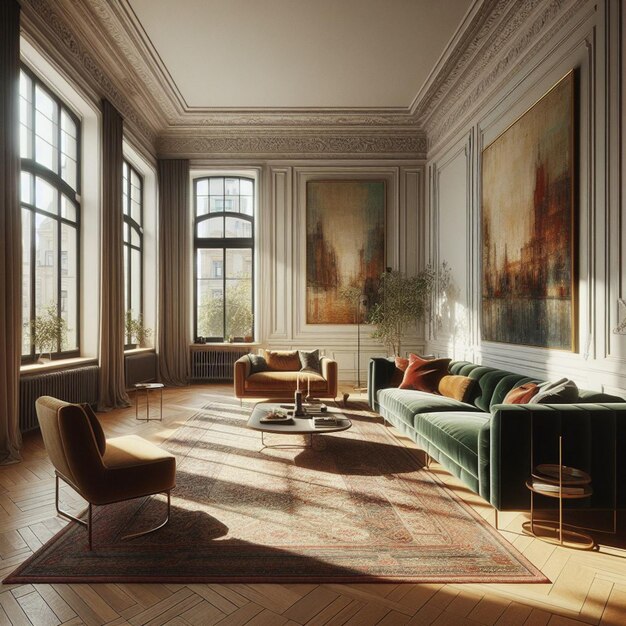 una sala de estar con un sofá y un sofá con una pintura en la pared