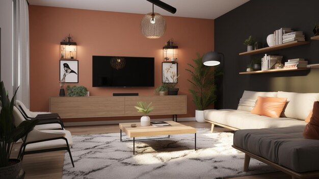 Una sala de estar con un sofá y una televisión en la pared.