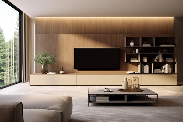 Foto sala de estar con un sofá y un televisor contra gabinetes que muestran una integración sin fisuras