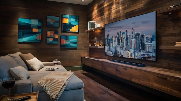 Foto sala de estar con sofá y tv led en pared de madera