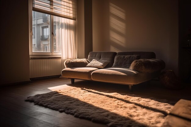 Una sala de estar con un sofá y una ventana con el sol brillando en la pared