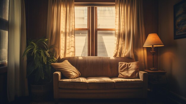 Una sala de estar con un sofá y una ventana con