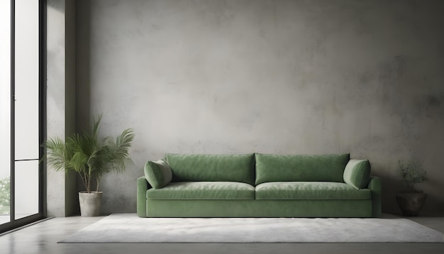 Sala de estar con sofá verde y habitación de decoración en un fondo de pared de hormigón vacío