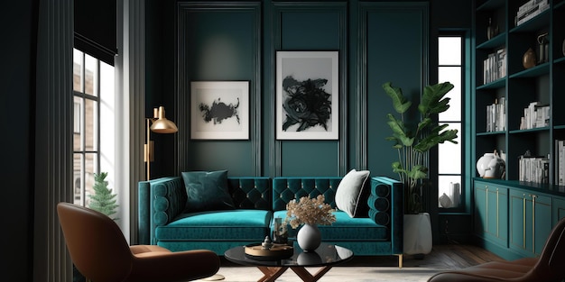 Una sala de estar con un sofá verde y una mesa de café.