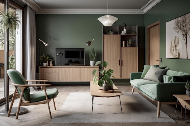 Una sala de estar con un sofá verde y una mesa de centro de madera con una silla verde y un sofá verde.