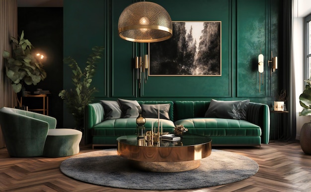 Una sala de estar con un sofá verde y muebles dorados.