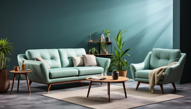 Una sala de estar y un sofá verde con plantas en una superficie de pared verde