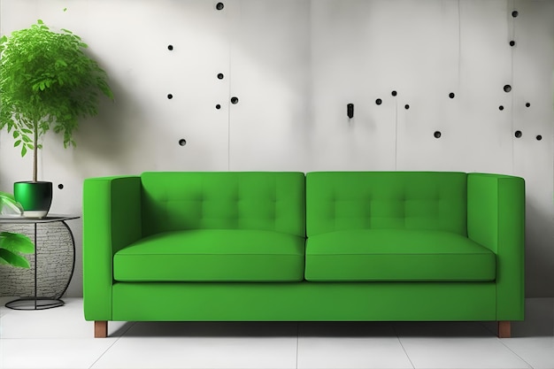 Sala de estar con sofá verde y sala de decoración sobre fondo de pared de hormigón vacío AI generativa