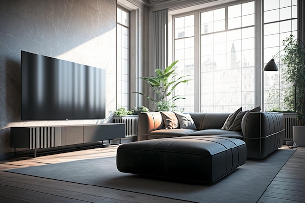 Una sala de estar con una televisión grande y un sofá con una almohada encima
