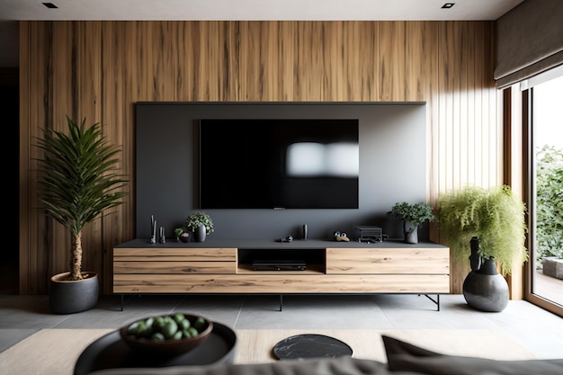 Una sala de estar con televisión y una pared de madera con plantas.