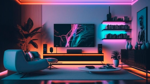 Una sala de estar con televisión y una televisión con luces de neón en la pared.